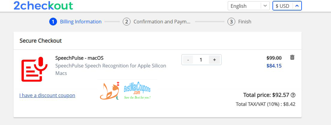 Screenshot of a working SpeechPulse coupon code with 15% off on SpeechPulse - macOS, tested by Bestmaxcoupons